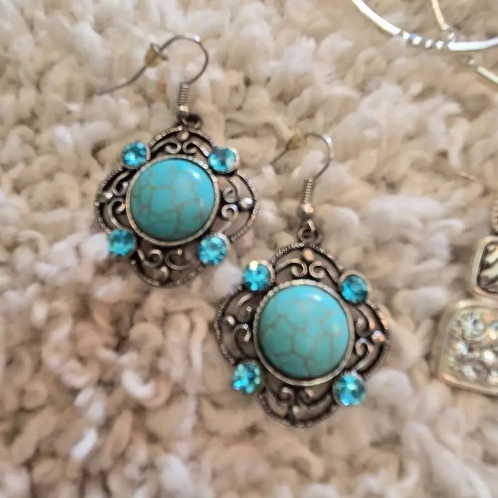 Hoops, Turquoise Rhinestone & Silver Rhinestone Earrings ALL - Picture 5 of 6